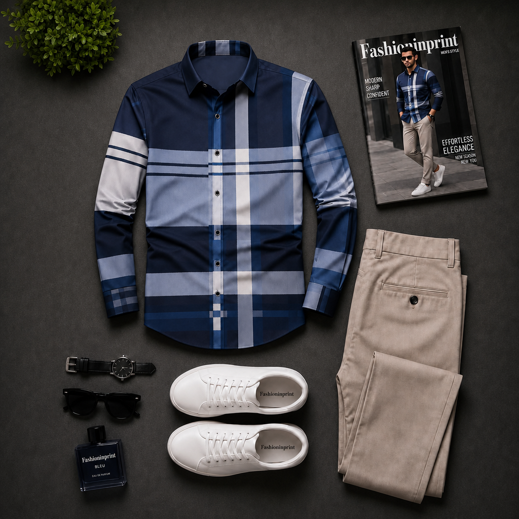 Men's Navy Blue Plaid Button Shirt & Khaki Trousers 2 Piece Outfit Set