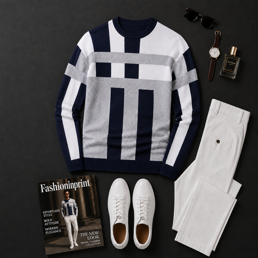Men's Navy White Geometric Knit Crewneck Top & White Trousers 2 Piece Outfit Set