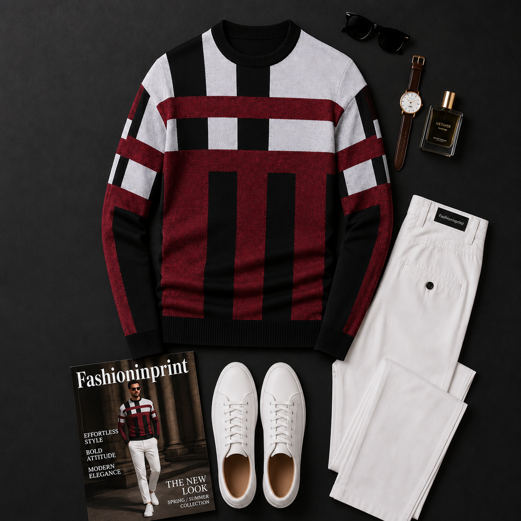 Men's Black Burgundy Geometric Knit Crewneck Top & White Trousers 2 Piece Outfit Set