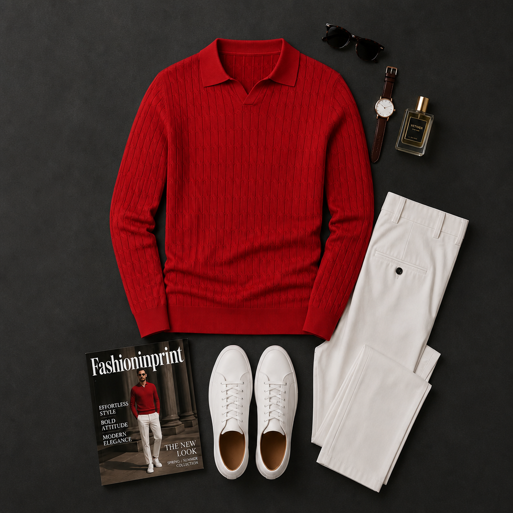 Men's Red Ribbed Long Sleeve Polo Top & Beige Trousers 2 Piece Outfit Set