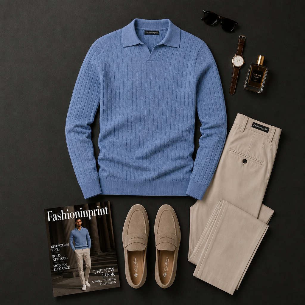 Men's Light Blue Ribbed Long Sleeve Polo Top & Beige Trousers 2 Piece Outfit Set