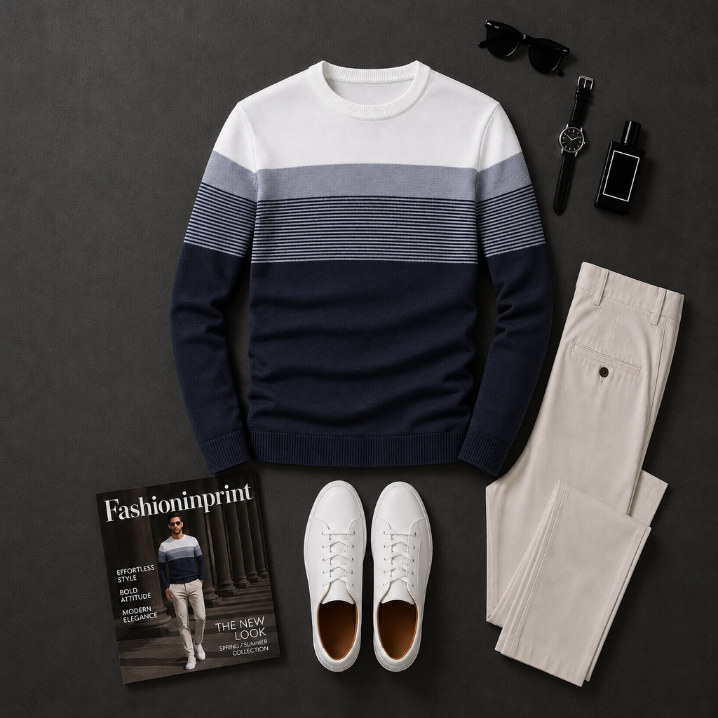 Men's Navy White Colorblock Crewneck Top & Beige Trousers 2 Piece Outfit Set