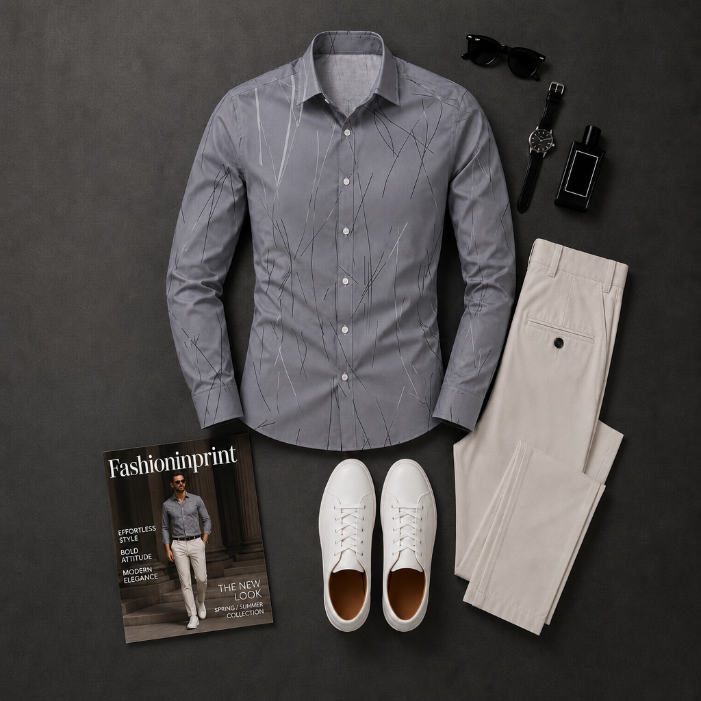 Men's Gray Stripe Button Shirt & Beige Trousers 2 Piece Outfit Set
