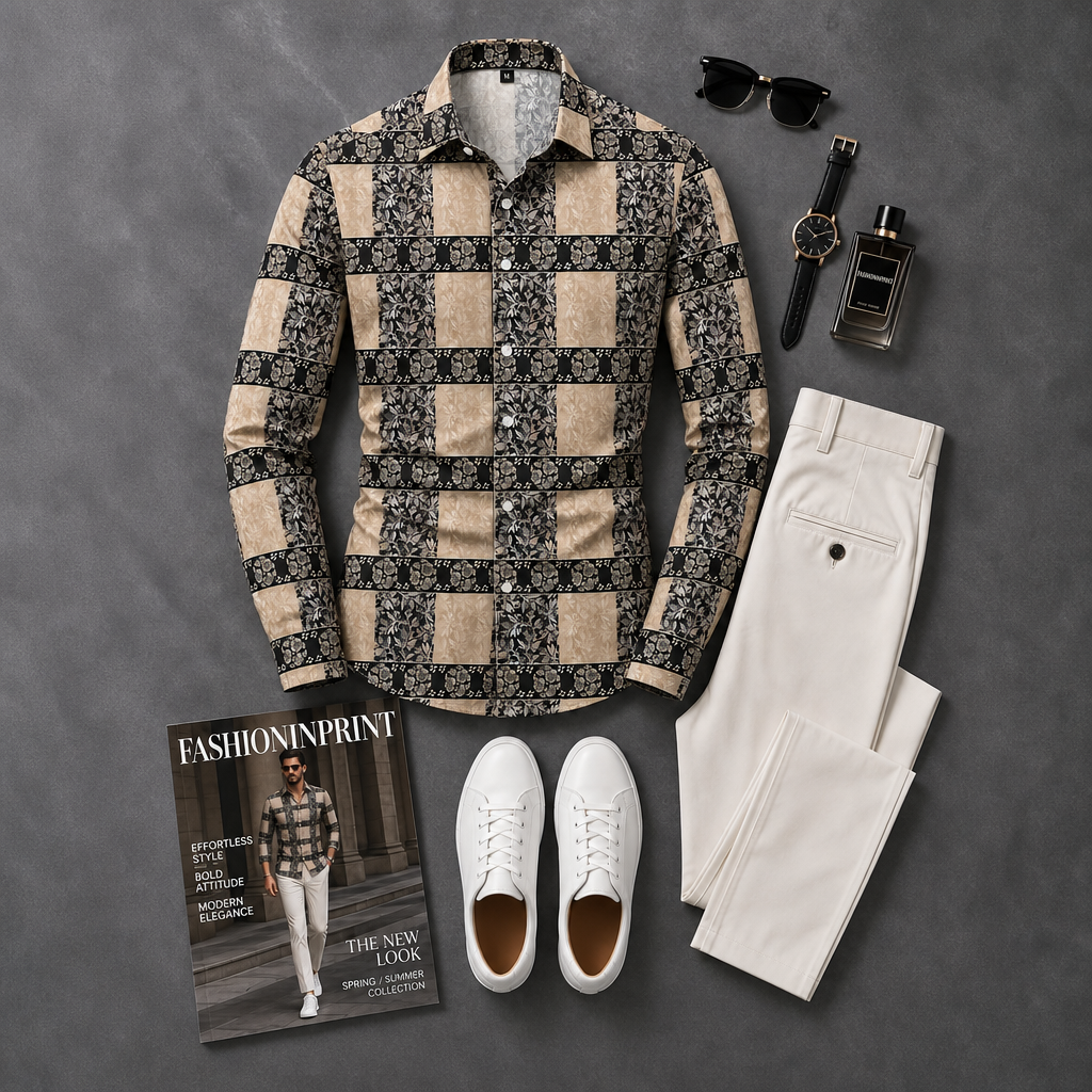Men's Beige Black Geometric Print Button Shirt & White Trousers 2 Piece Outfit Set