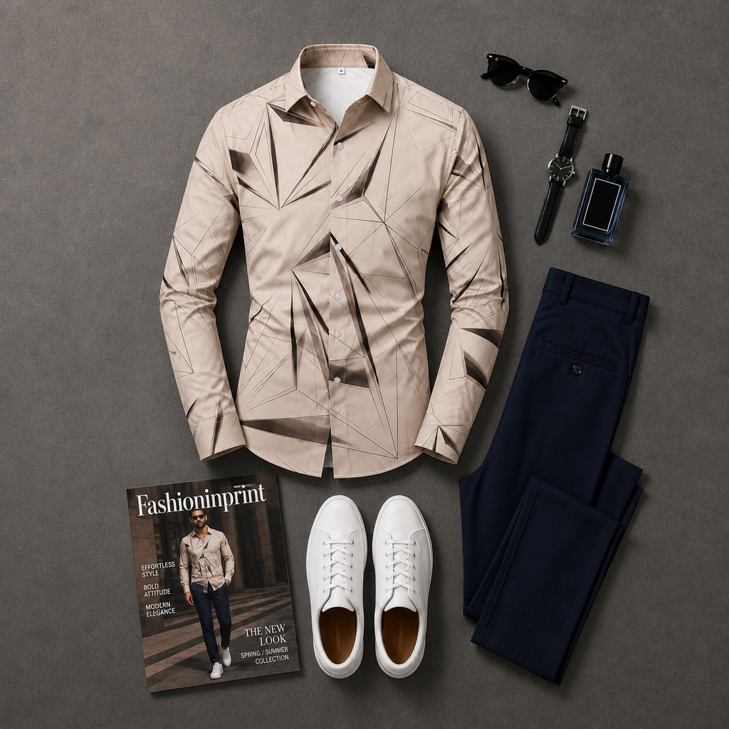 Men's Beige Belted Utility Button Shirt & Navy Trousers 2 Piece Outfit Set