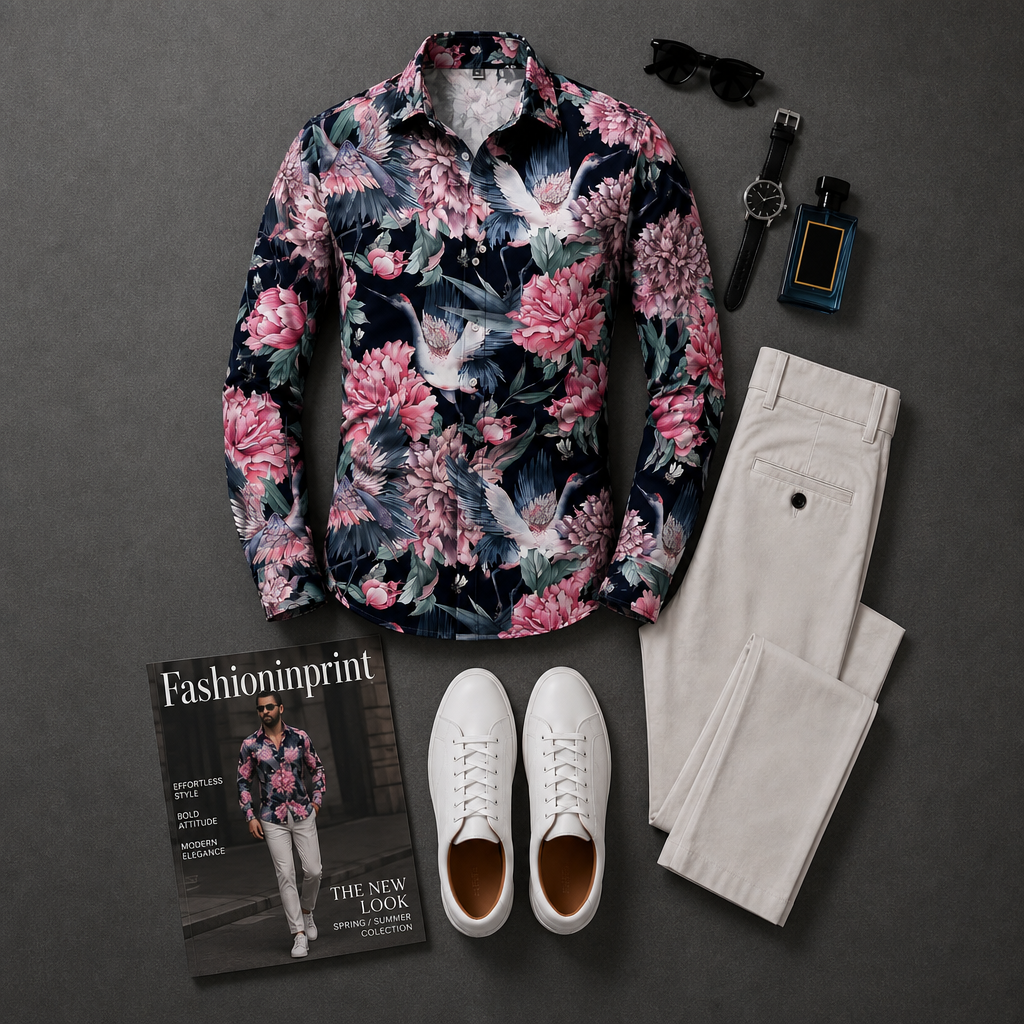 Men's Black Pink Floral Print Button Shirt & White Trousers 2 Piece Outfit Set