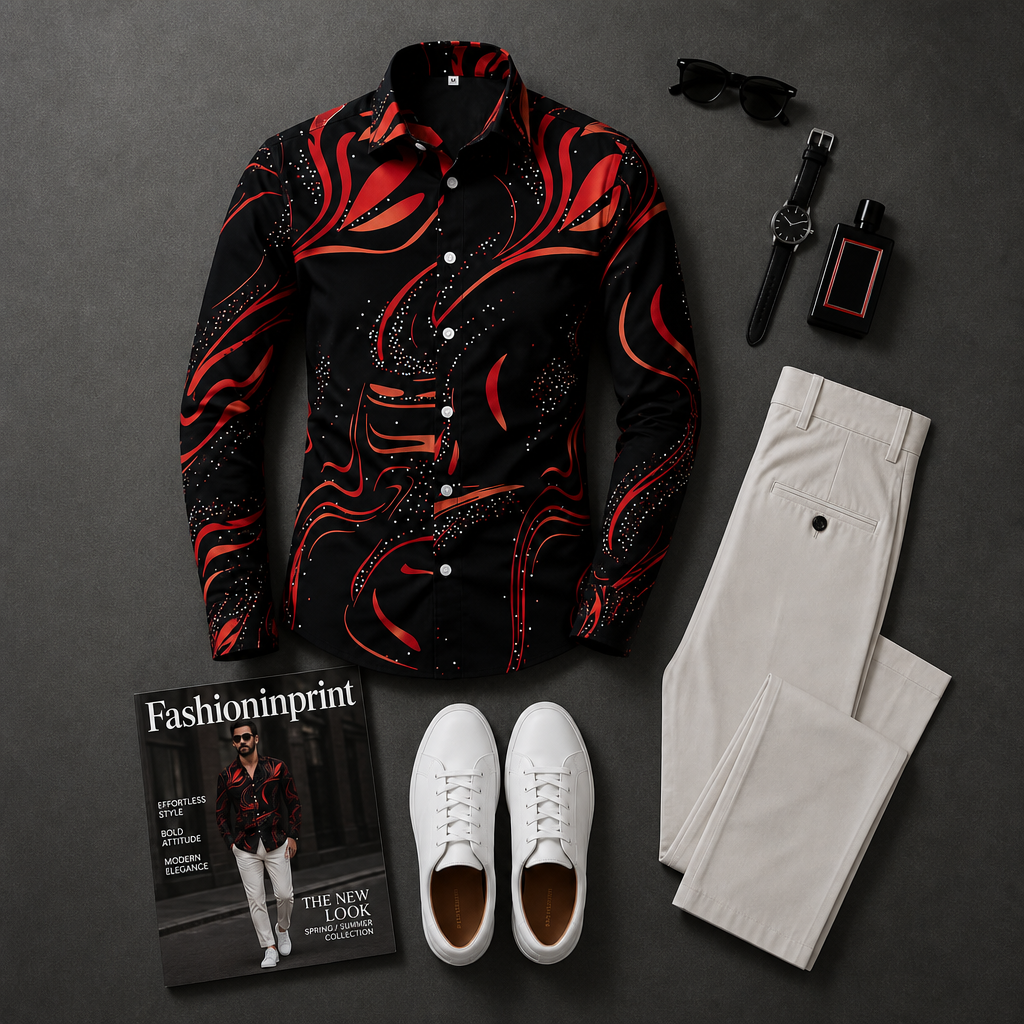 Men's Black Red Swirl Print Button Shirt & Beige Trousers 2 Piece Outfit Set