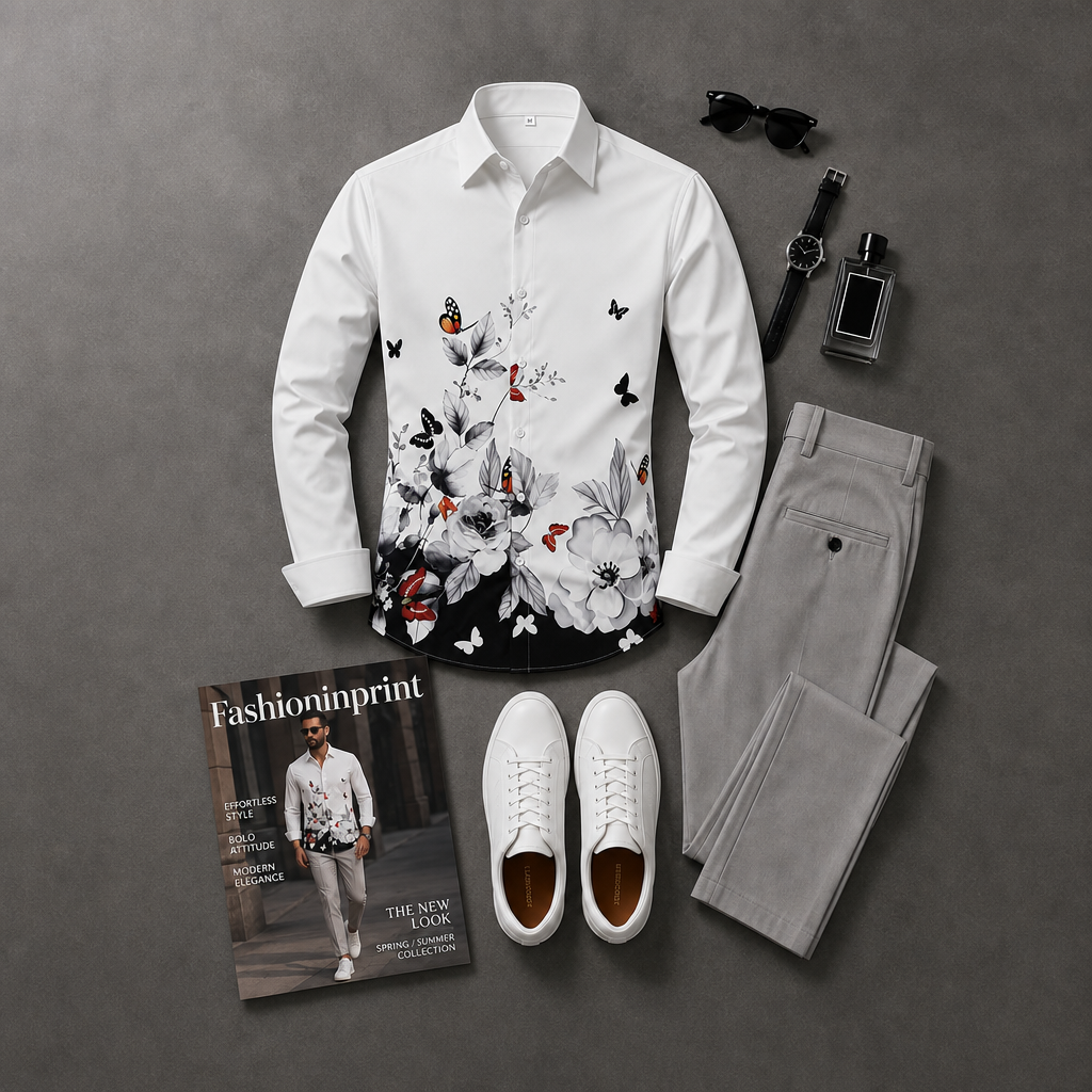 Men's White Floral Hem Print Button Shirt & Light Gray Trousers 2 Piece Outfit Set