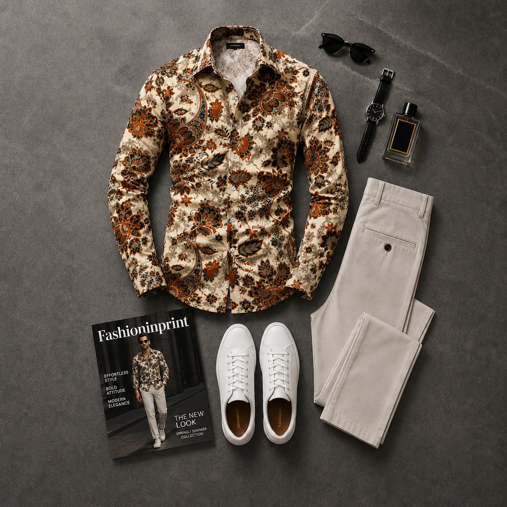 Men's Brown Baroque Floral Print Button Shirt & Beige Trousers 2 Piece Outfit Set