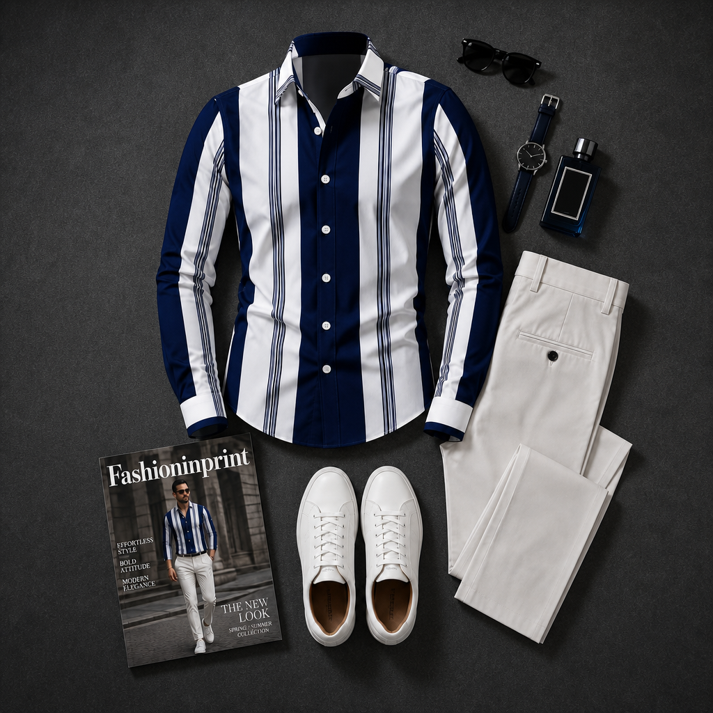 Men's Navy White Vertical Stripe Button Shirt & White Trousers 2 Piece Outfit Set