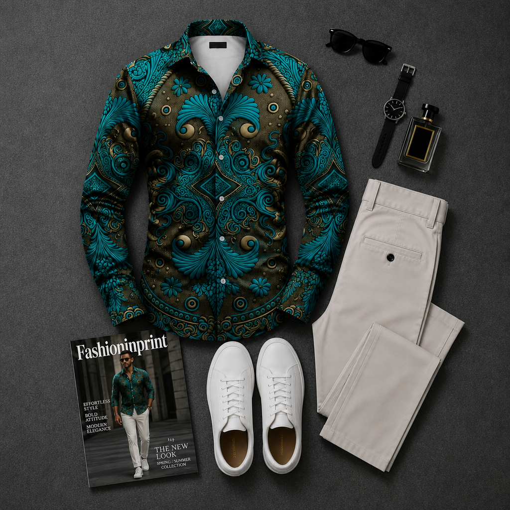 Men's Emerald Paisley Print Button Shirt & White Trousers 2 Piece Outfit Set