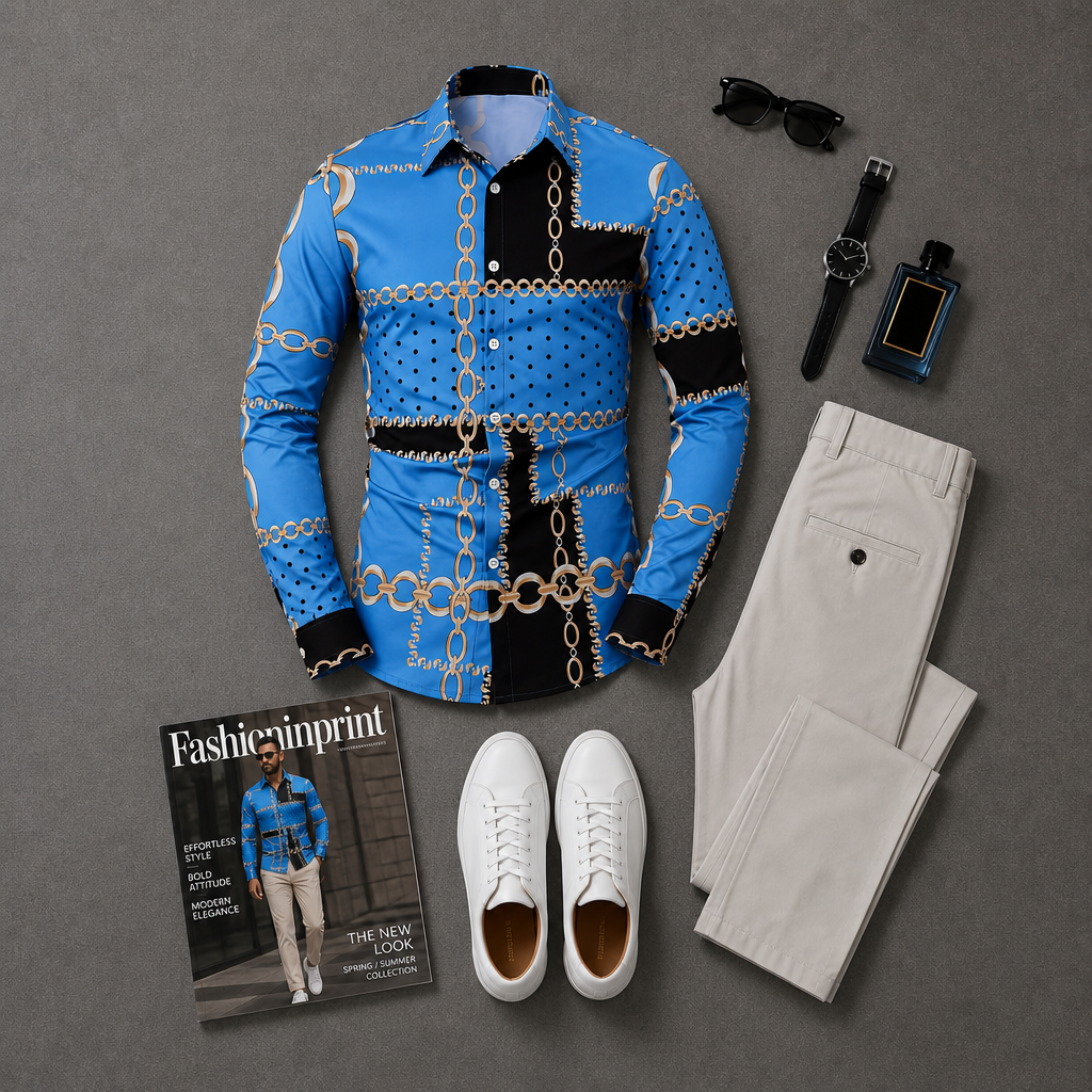 Men's Bright Blue Chain Print Button Shirt & Beige Trousers 2 Piece Outfit Set