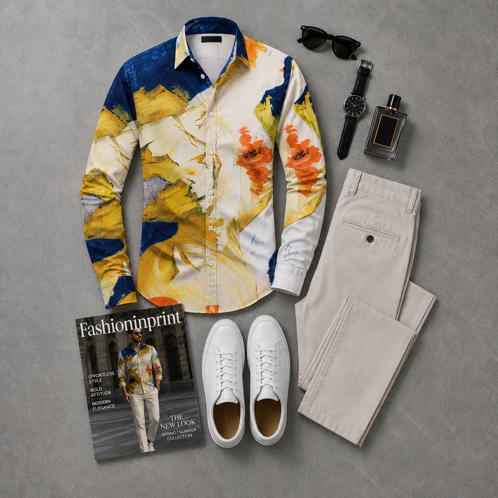 Men's Yellow Blue Floral Print Button Shirt & Beige Trousers 2 Piece Outfit Set