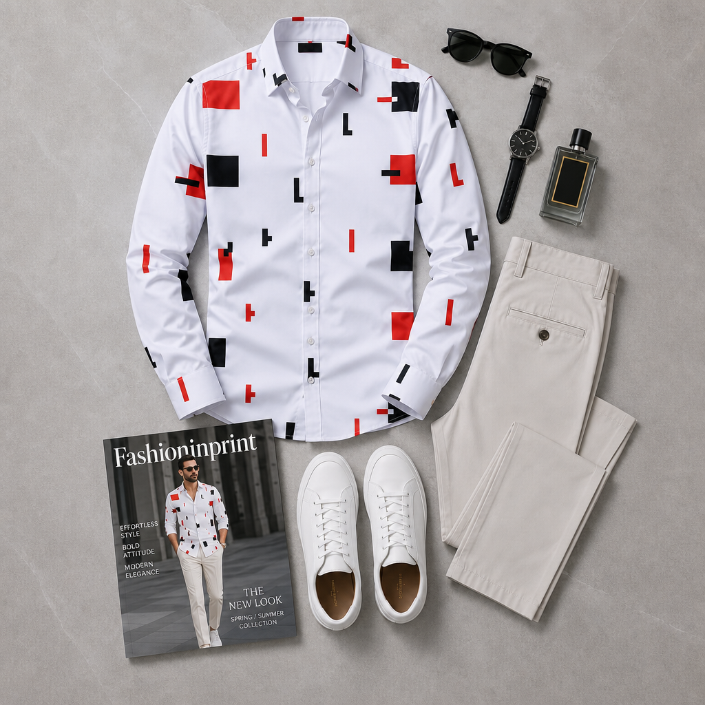 Men's White Red Black Geometric Print Button Shirt & Beige Trousers 2 Piece Outfit Set