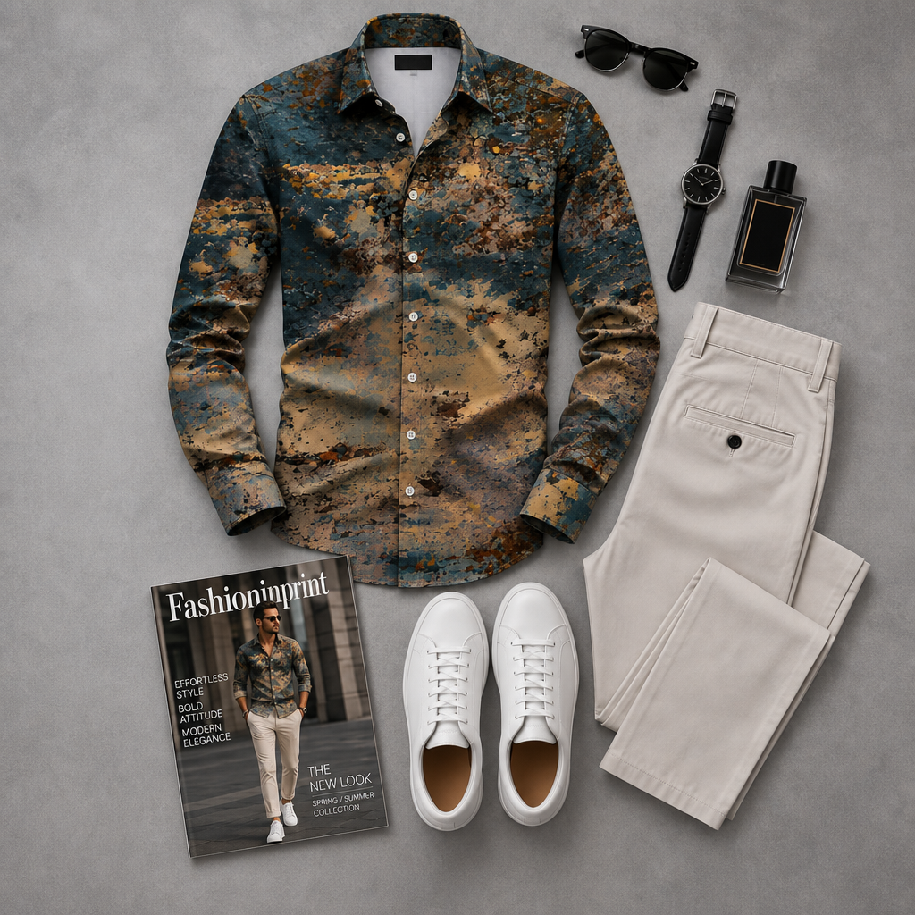 Men's Charcoal Brown Floral Print Button Shirt & Beige Trousers 2 Piece Outfit Set