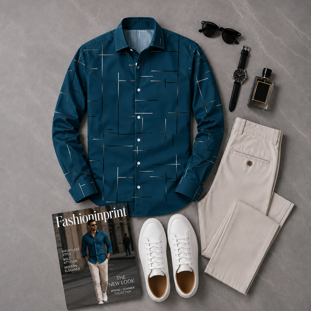 Men's Teal Geometric Stripe Button Shirt & Beige Trousers 2 Piece Outfit Set