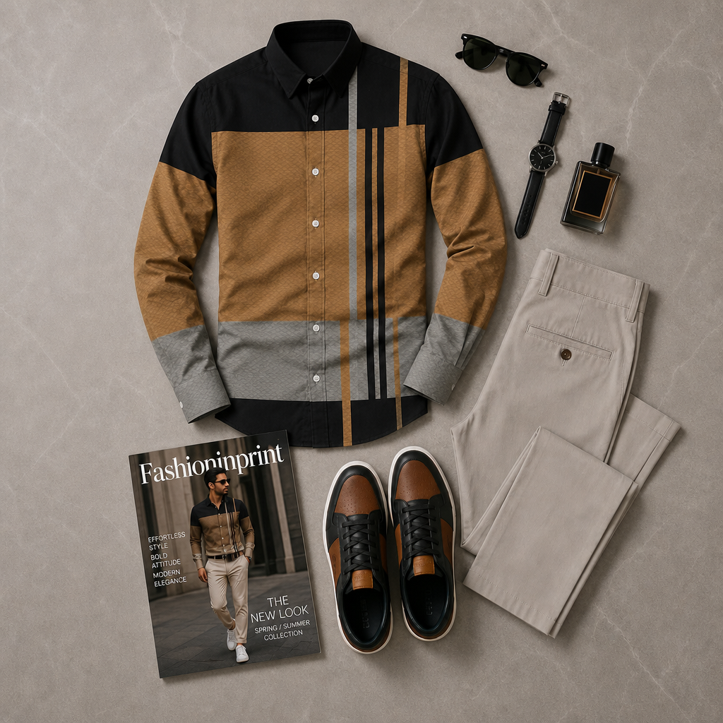 Men's Black Tan Colorblock Quarter Zip Top & Gray Trousers 2 Piece Outfit Set