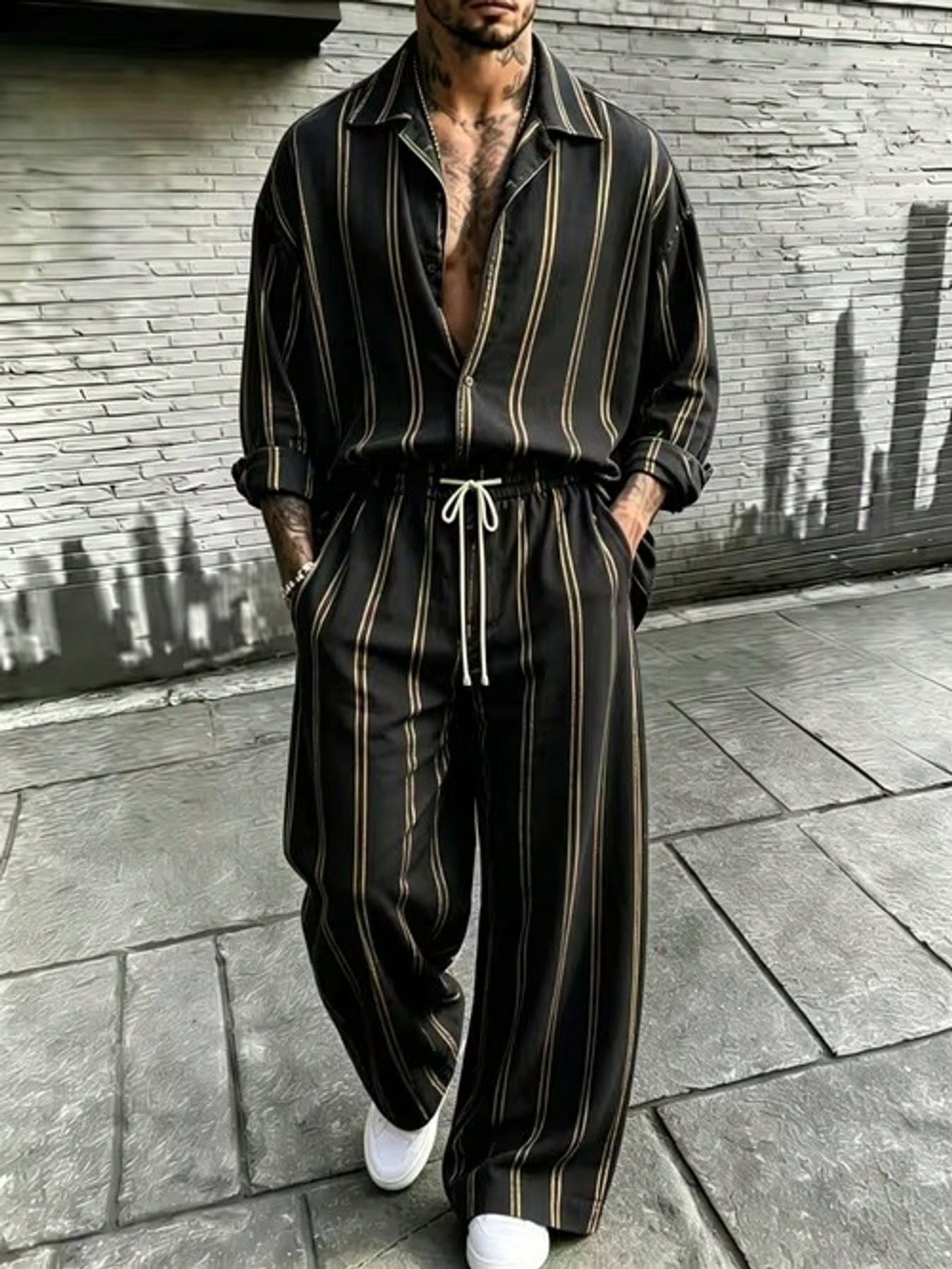 Men's Fashion Street Style Casual Striped Long-Sleeve Shirt And Wide-Leg Pants Two-Piece Set