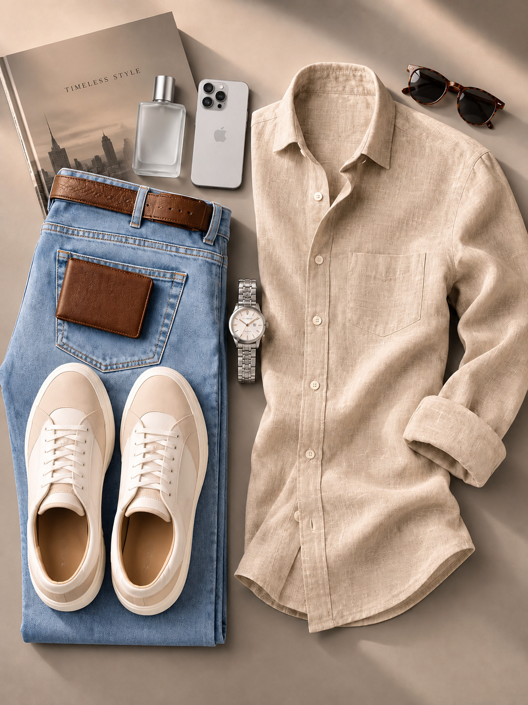 Men's Beige Textured Long Sleeve Shirt & Light Blue Jeans 2 Piece Set