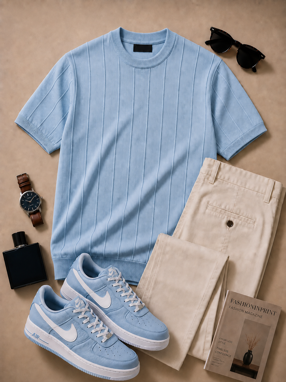 Men's Light Blue Ribbed Crew Neck Knit Top & Beige Pants 2 Piece Set