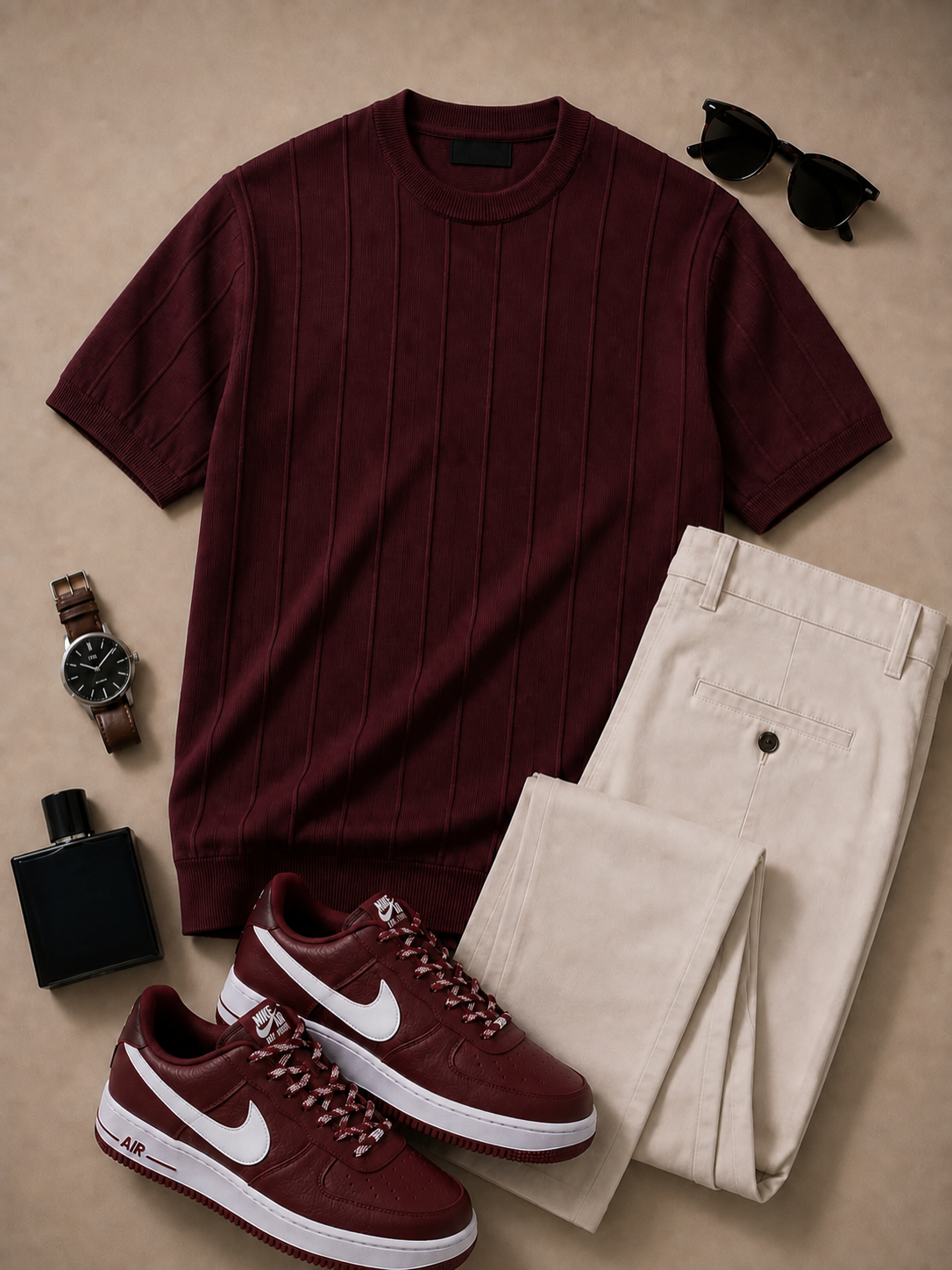 Men's Burgundy Ribbed Crew Neck Knit Top & Beige Pants 2 Piece Set