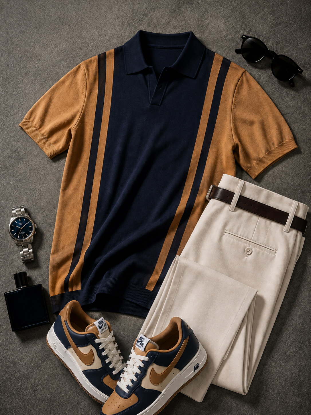 Men's Navy Camel Color Block Knit Polo & Beige Pants 2 Piece Set