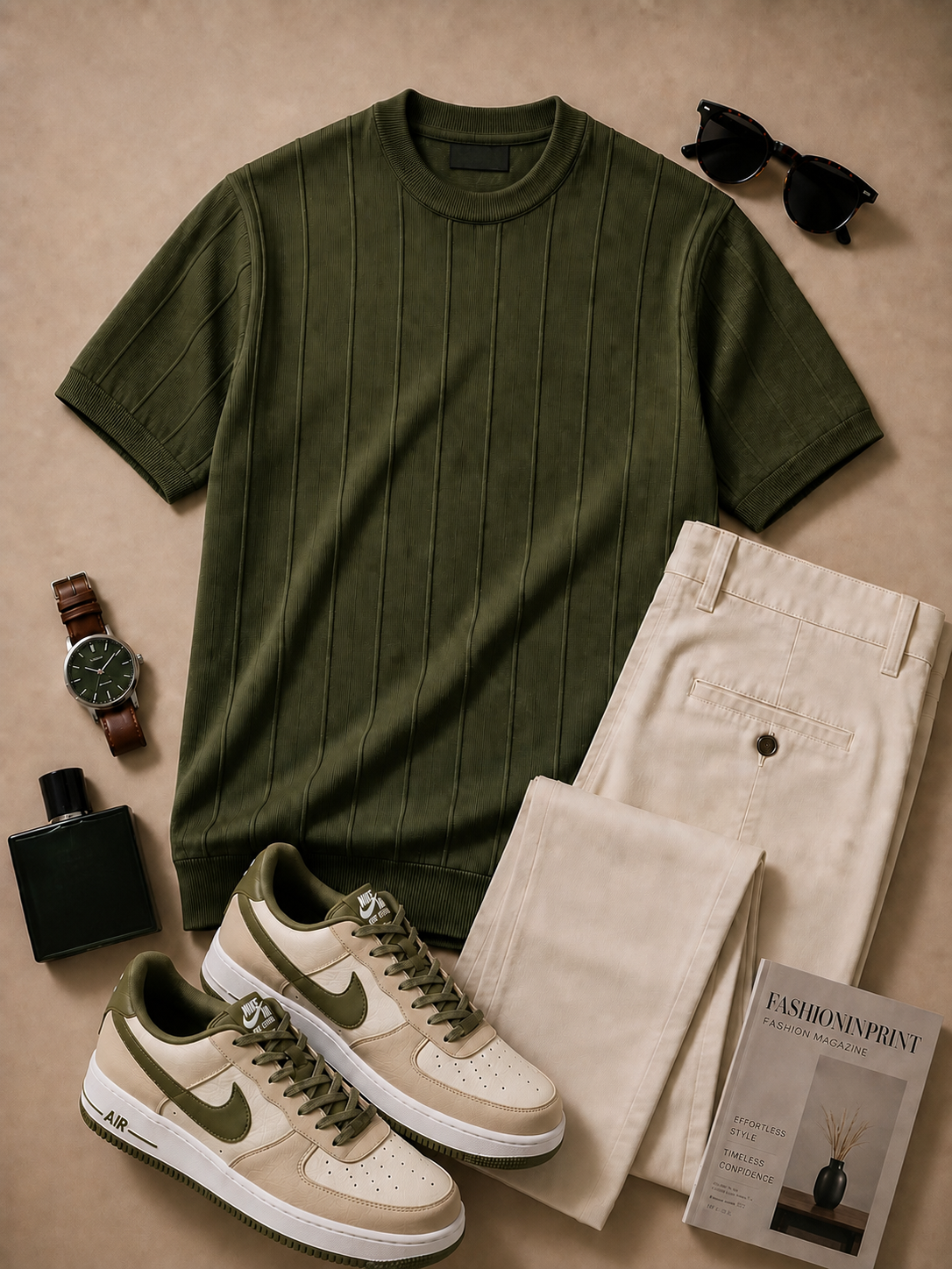 Men's Olive Ribbed Crew Neck Knit Top & Beige Pants 2 Piece Set