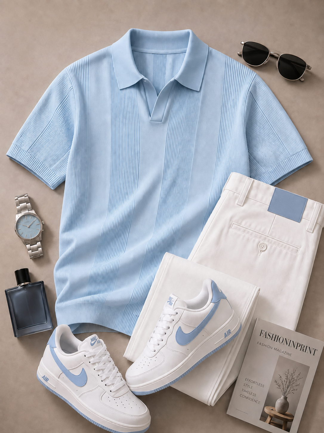 Men's Light Blue Open Collar Knit Polo & White Pants 2 Piece Set