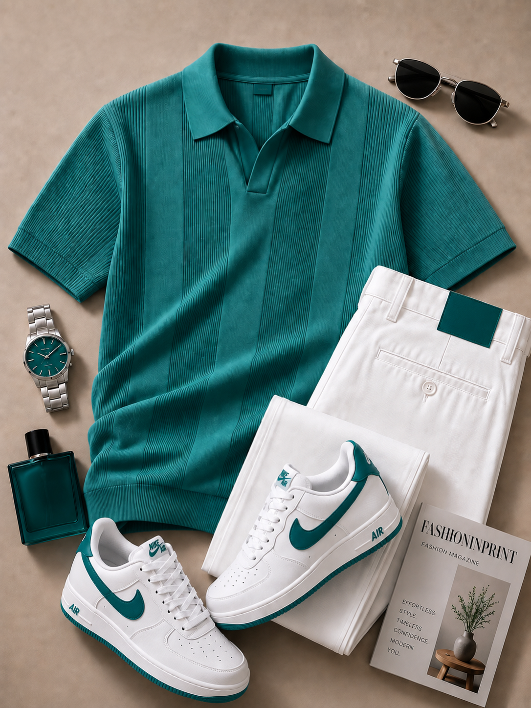 Men's Teal Open Collar Textured Knit Polo & White Pants 2 Piece Set