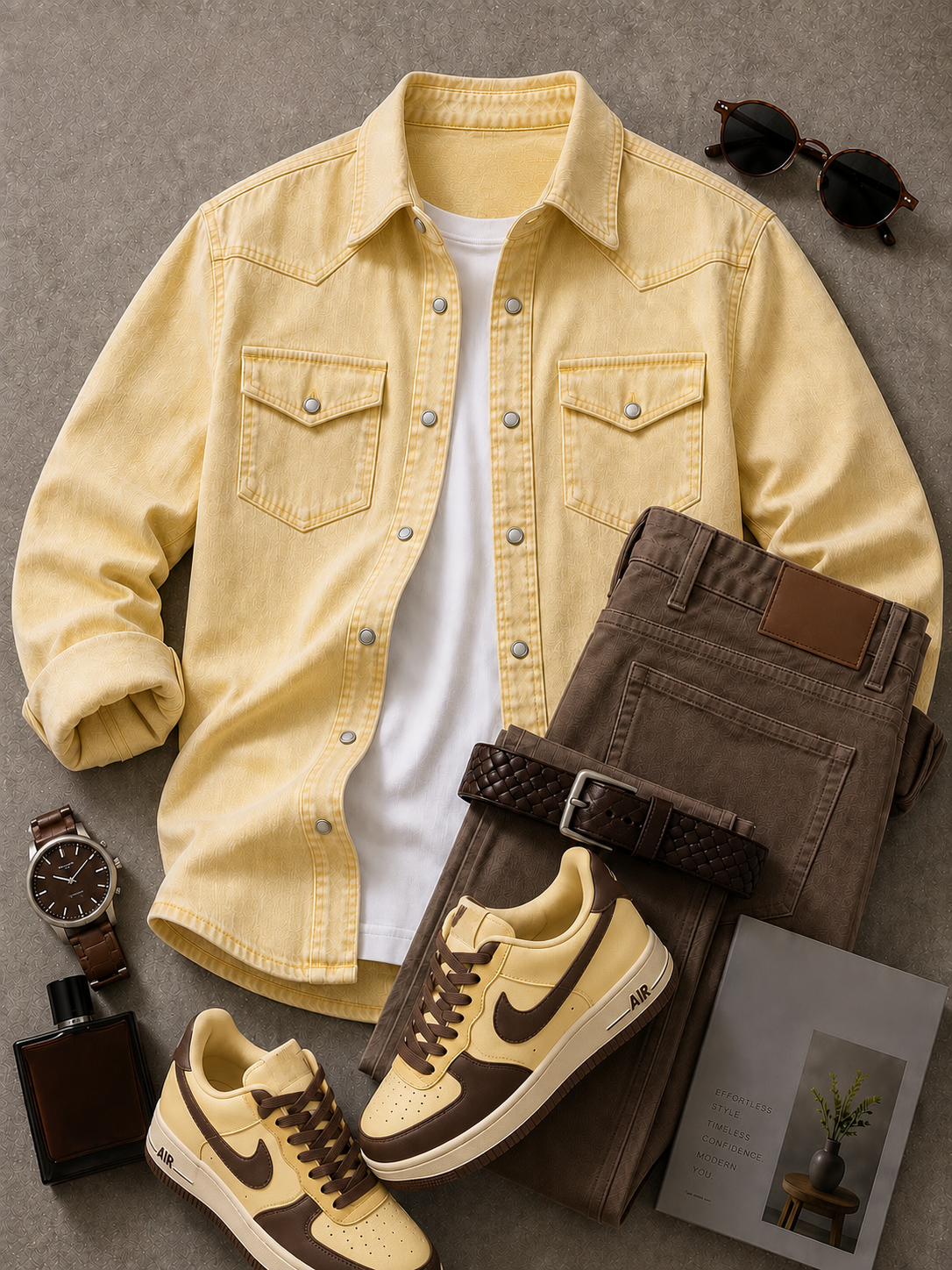 Men's Yellow Denim Button Jacket & Brown Trousers Outfit Separates