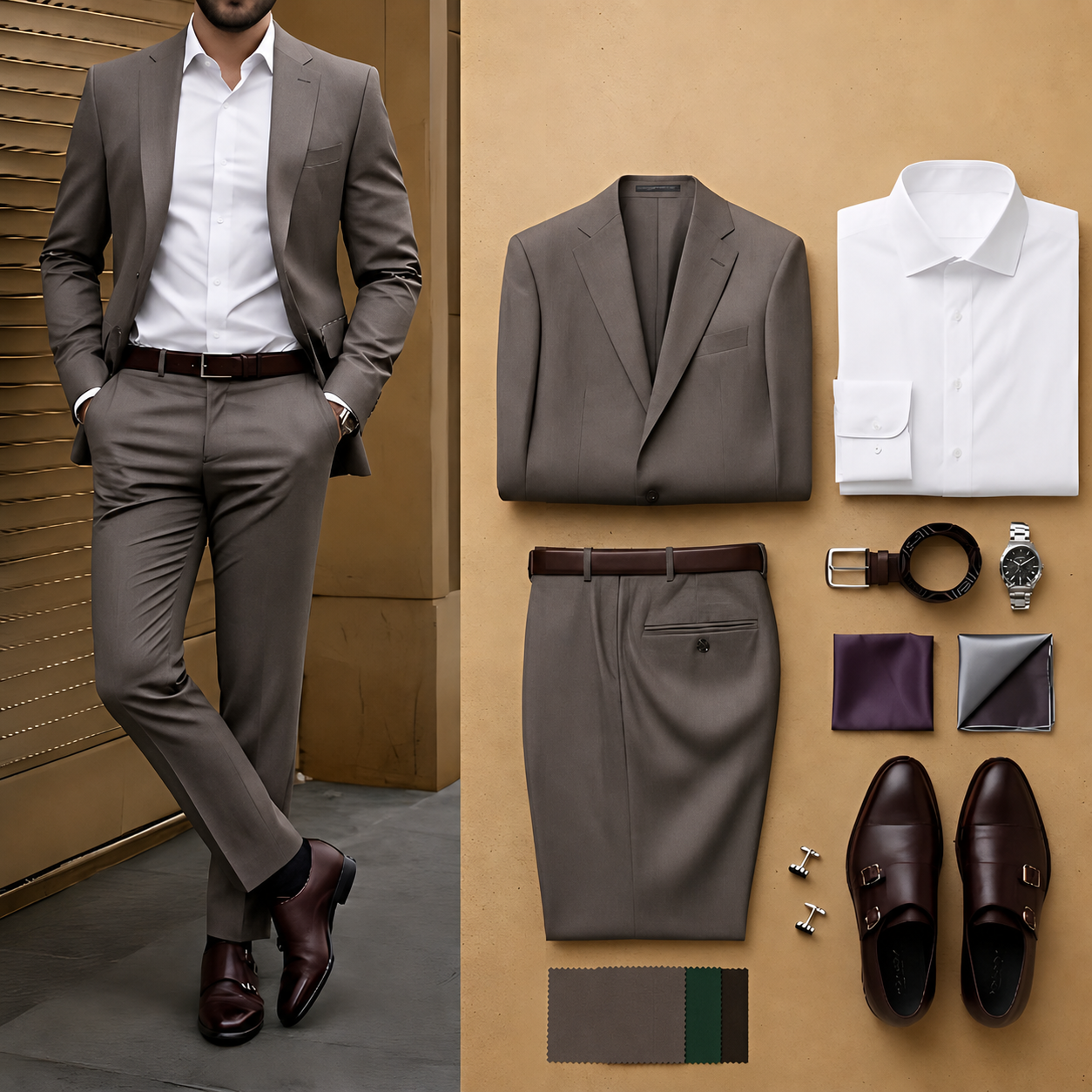 Men's Taupe Gray Slim Fit Notch Lapel Blazer & Matching Trousers 2 Piece Suit Set