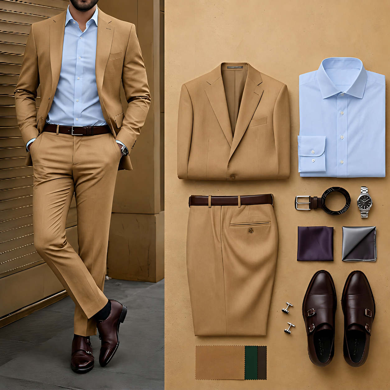 Men's Camel Slim Fit Notch Lapel Blazer & Matching Trousers 2 Piece Suit Set