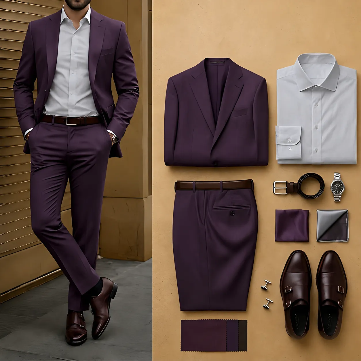 Men's Deep Purple Slim Fit Notch Lapel Blazer & Matching Trousers 2 Piece Suit Set