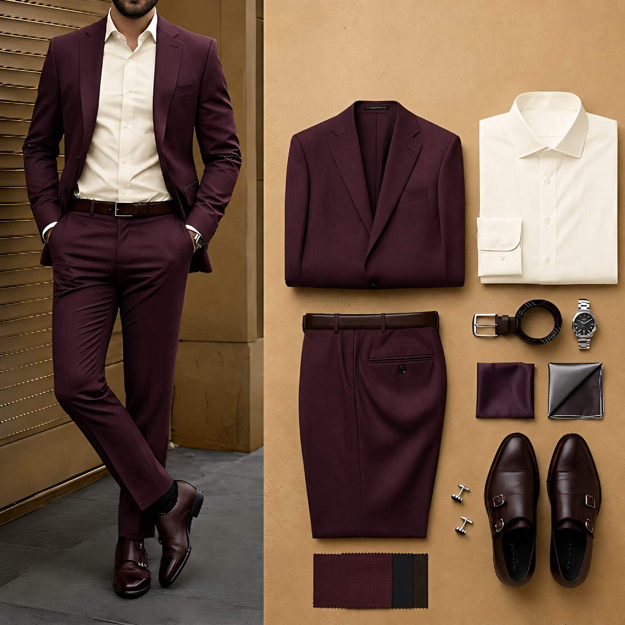 Men's Burgundy Slim Fit Notch Lapel Blazer & Matching Trousers 2 Piece Suit Set