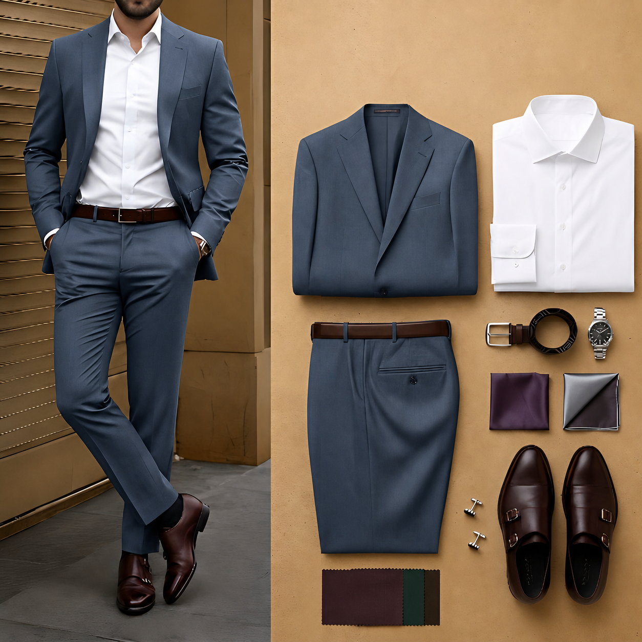 Men's Steel Blue Slim Fit Notch Lapel Blazer & Matching Trousers 2 Piece Suit Set