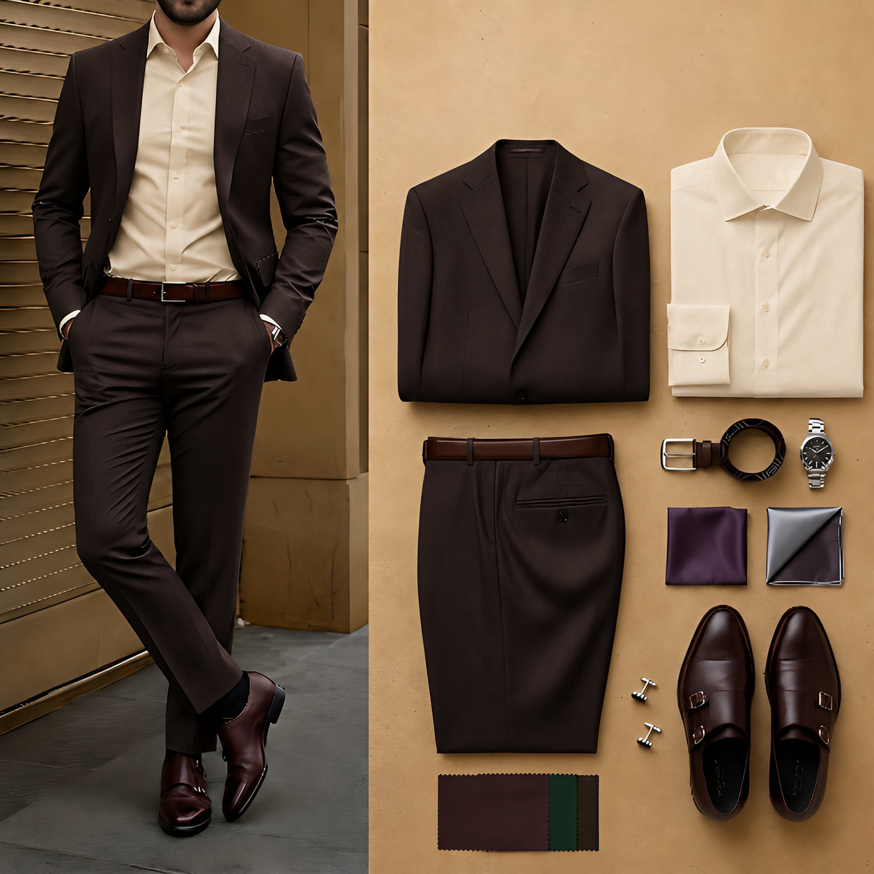 Men's Dark Brown Slim Fit Notch Lapel Blazer & Matching Trousers 2 Piece Suit Set