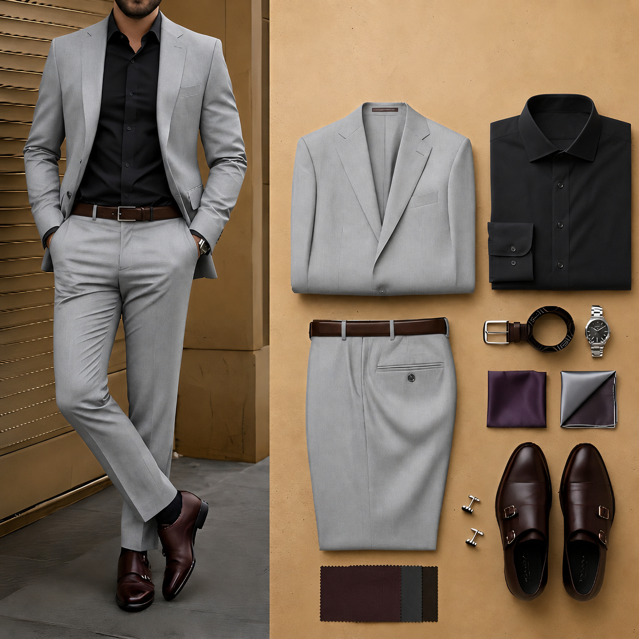 Men's Light Gray Slim Fit Notch Lapel Blazer & Matching Trousers 2 Piece Suit Set