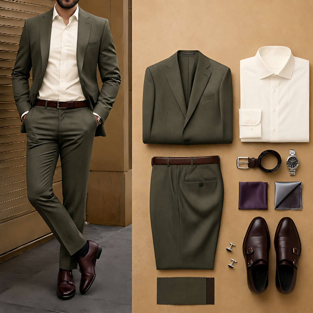 Men's Olive Slim Fit Notch Lapel Blazer & Matching Trousers 2 Piece Suit Set