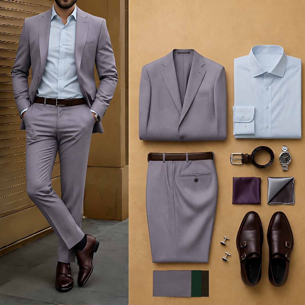 Men's Lavender Gray Slim Fit Notch Lapel Blazer & Matching Trousers 2 Piece Suit Set