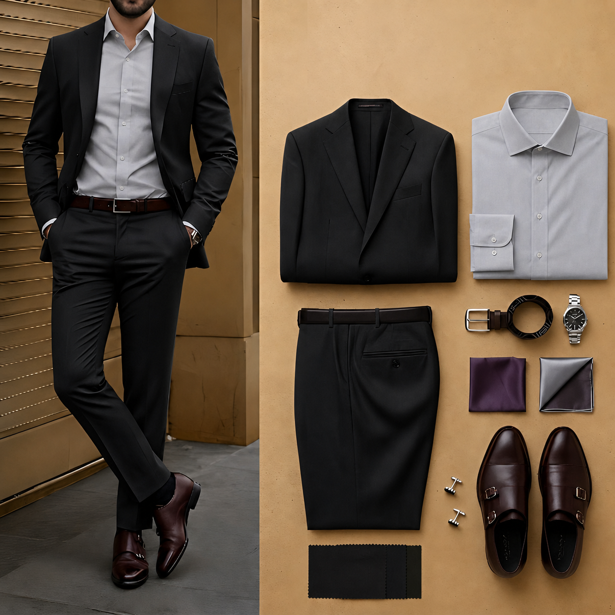 Men's Black Slim Fit Notch Lapel Blazer & Matching Trousers 2 Piece Suit Set