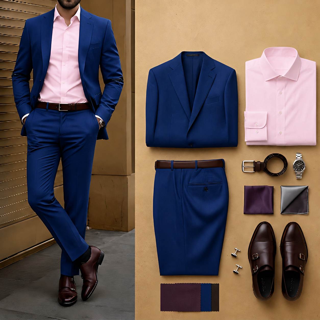 Men's Royal Blue Slim Fit Notch Lapel Blazer & Matching Trousers 2 Piece Suit Set