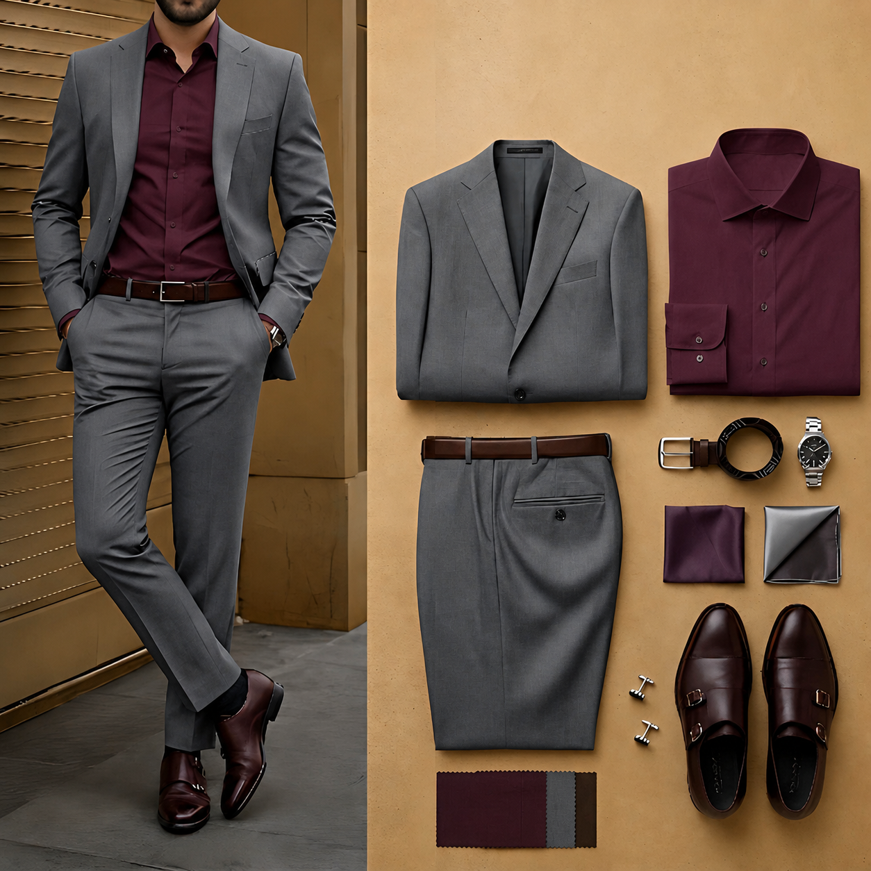 Men's Medium Gray Slim Fit Notch Lapel Blazer & Matching Trousers 2 Piece Suit Set