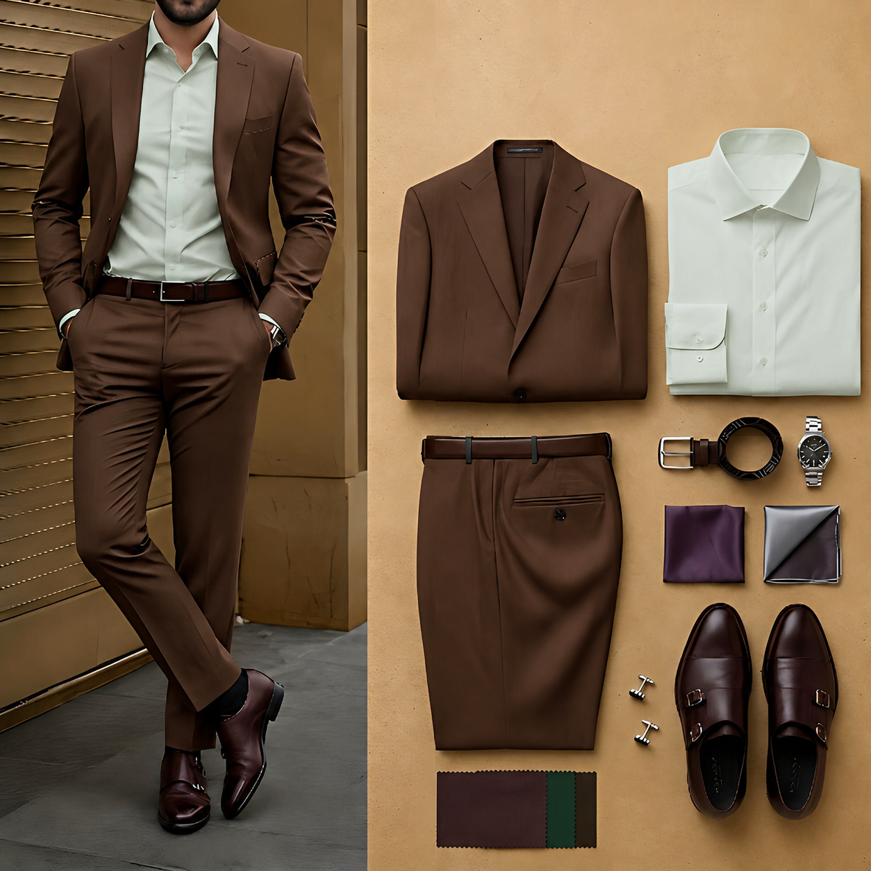Men's Chocolate Brown Slim Fit Notch Lapel Blazer & Matching Trousers 2 Piece Suit Set
