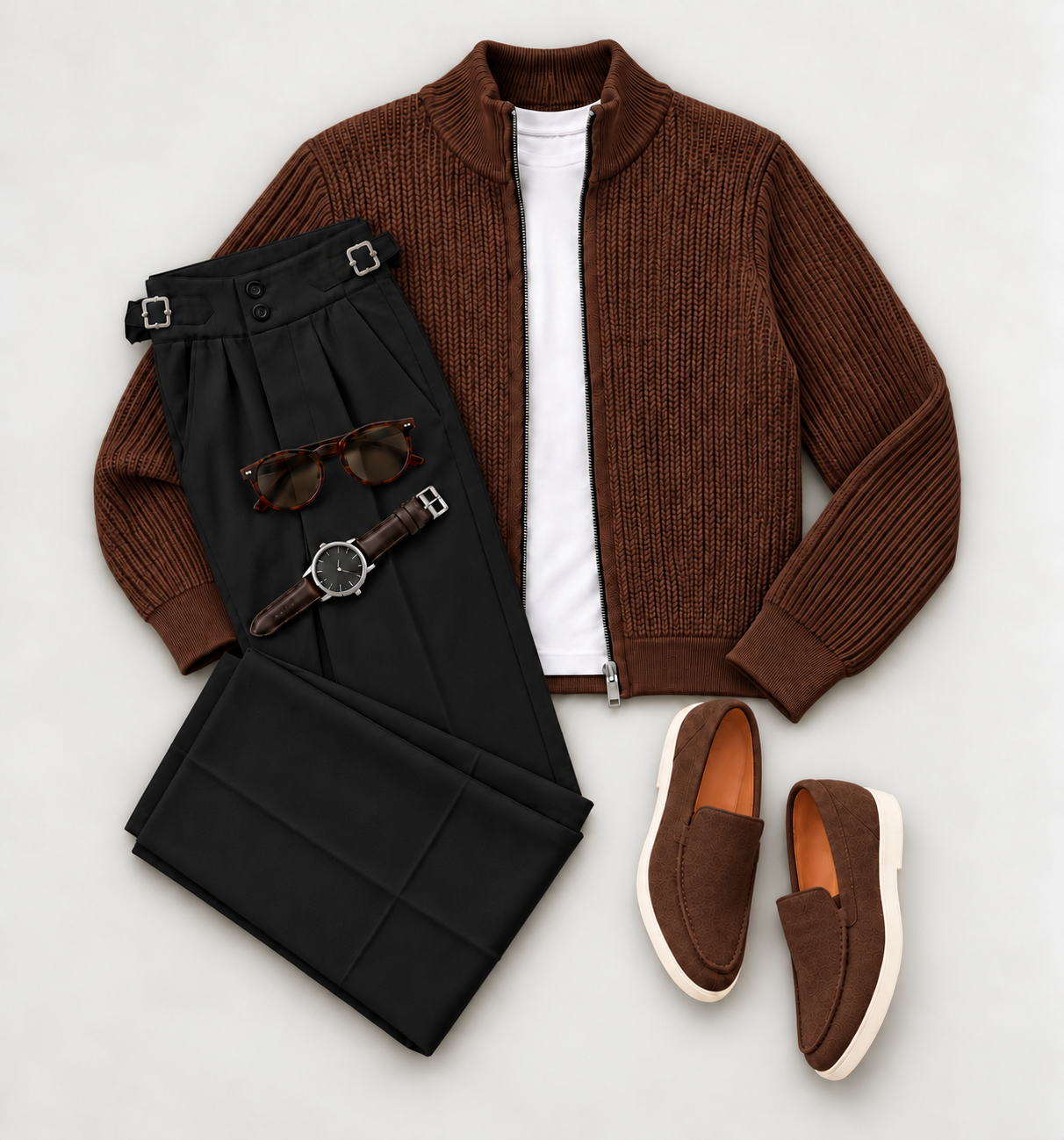 Men's Premium Textured Knit Zip-Up Cardigan & Tailored Pants Two-Piece Set