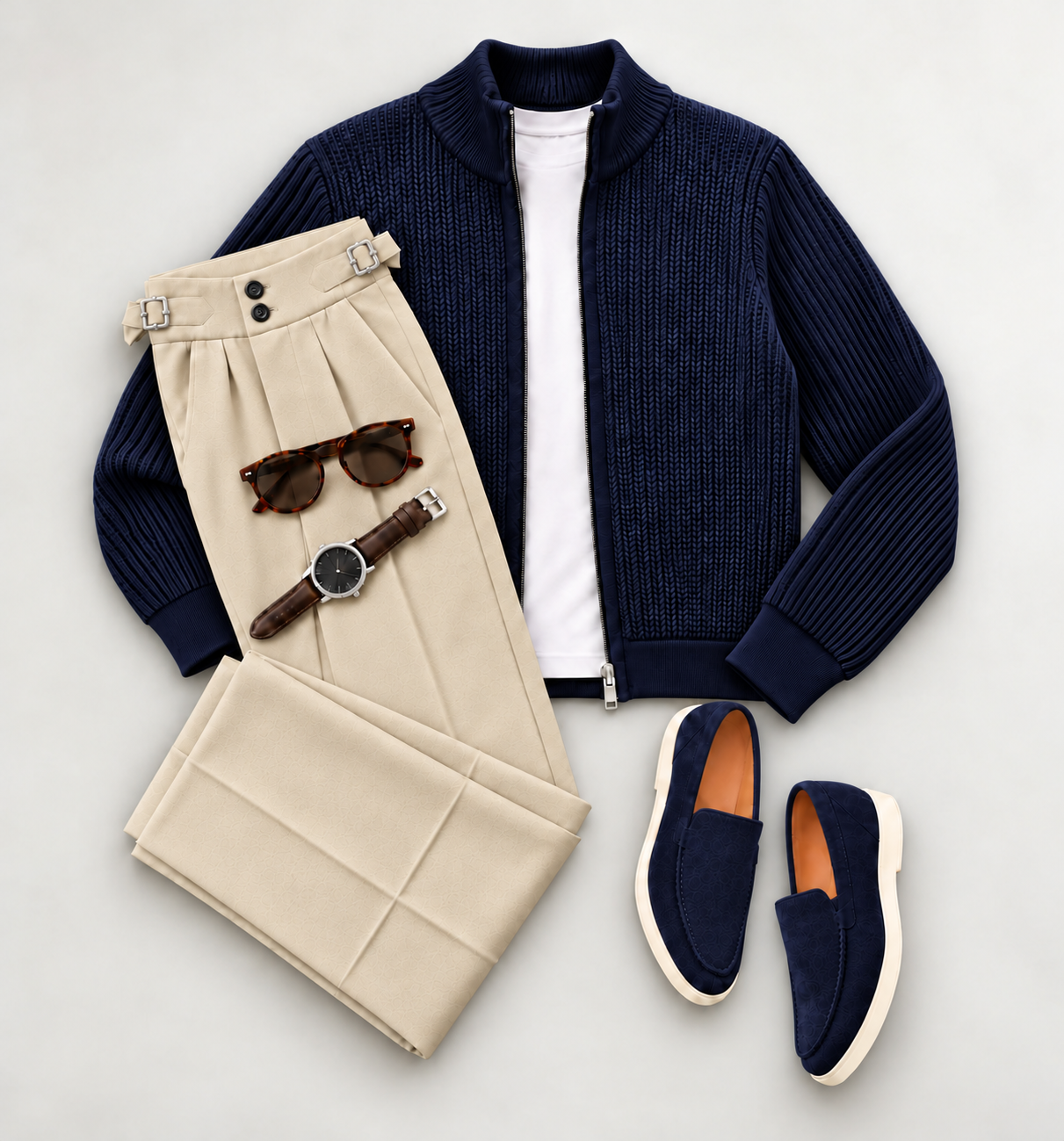 Men's Premium Textured Knit Zip-Up Cardigan & Tailored Pants Two-Piece Set