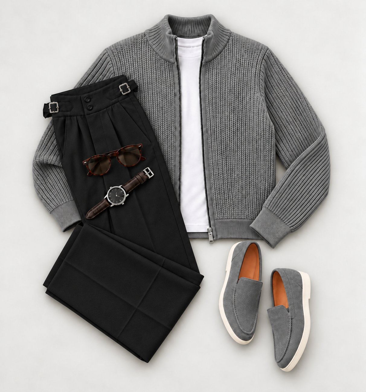 Men's Premium Textured Knit Zip-Up Cardigan & Tailored Pants Two-Piece Set