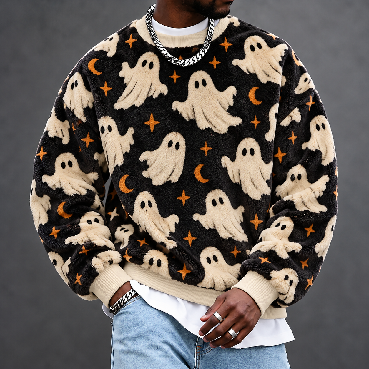 Men's Halloween Cute Ghost Pattern Crewneck Sweatshirt