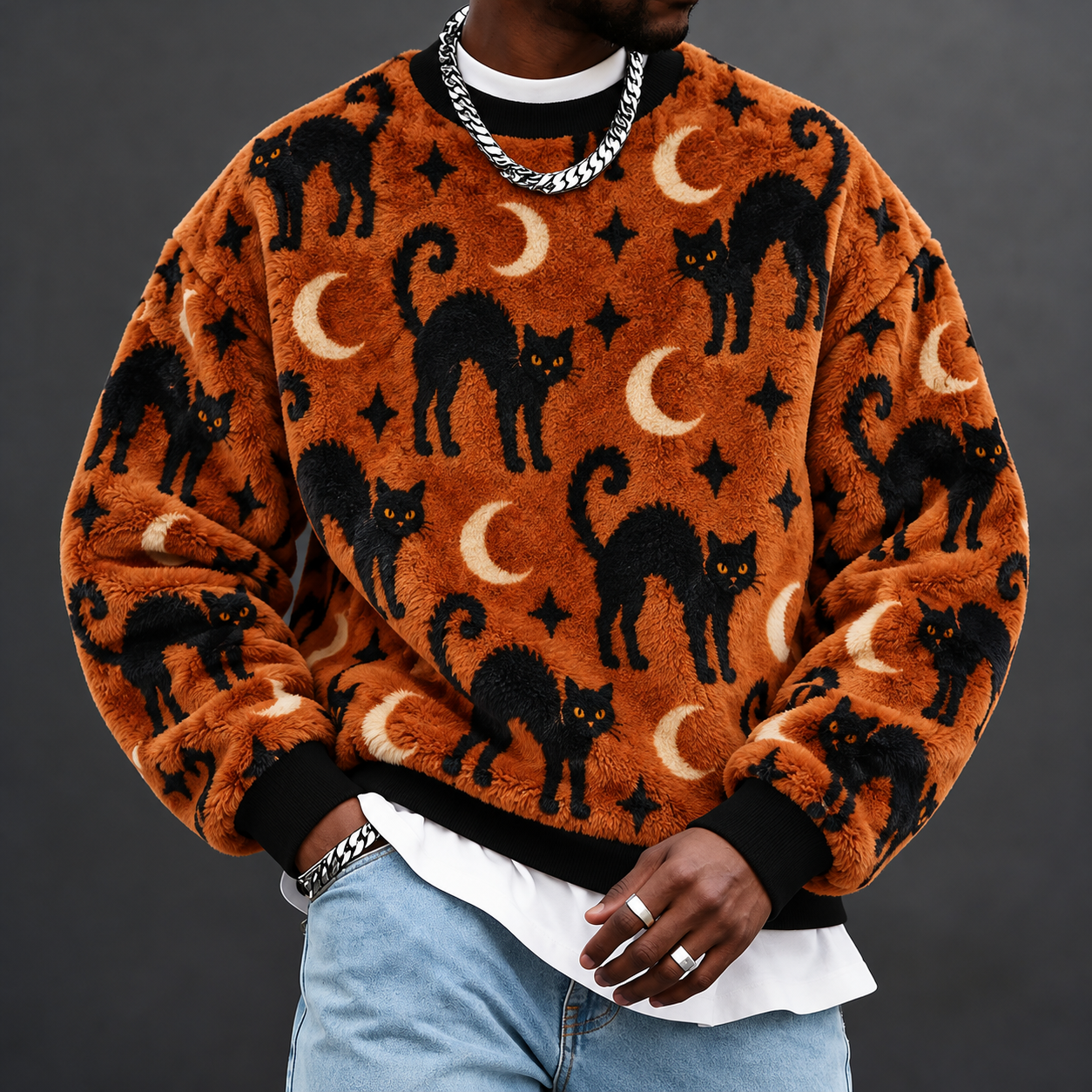 Men's Orange Halloween Moon & Bat Print Sweatshirt