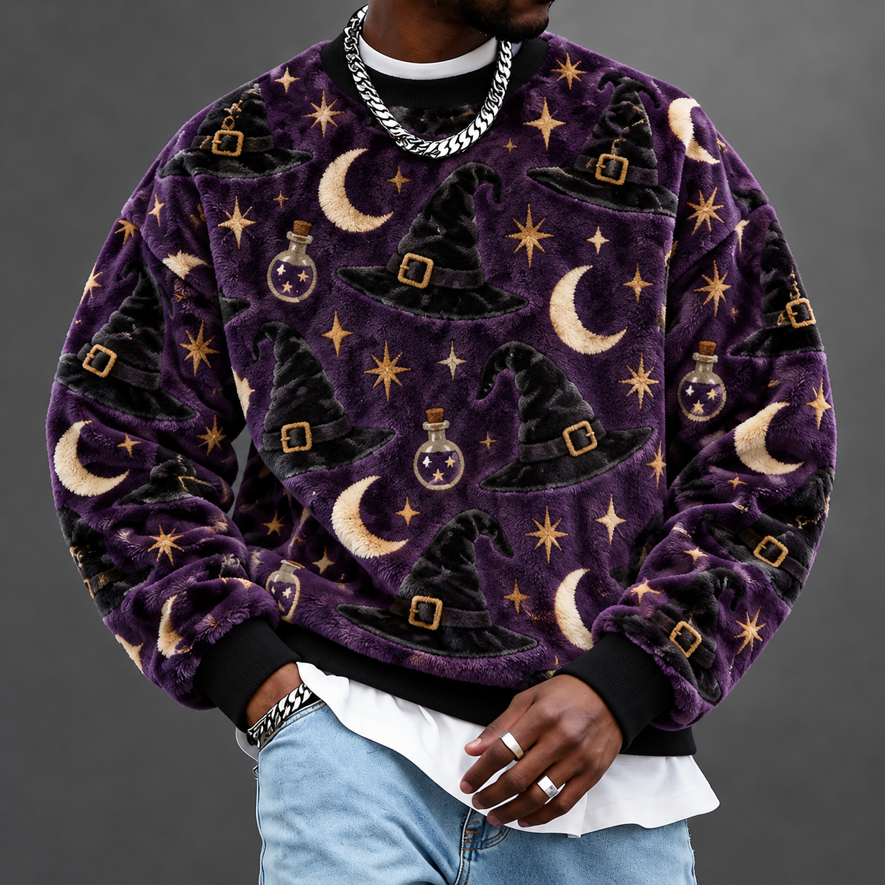 Men's Purple Halloween Moon & Celestial Print Sweatshirt