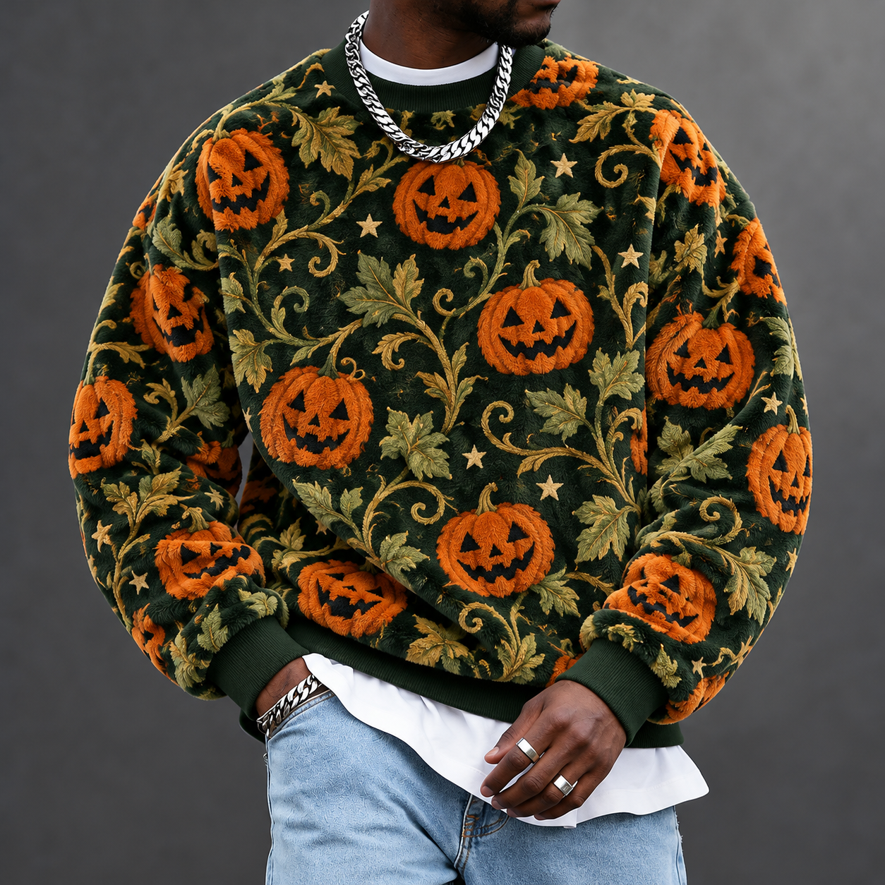 Men's Halloween Pumpkin & Floral Print Sweatshirt